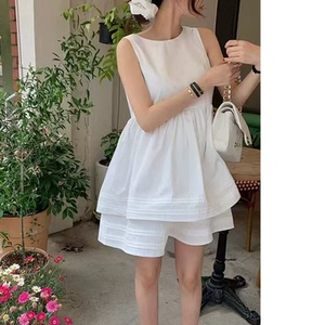韩国东大门甜美风纯色双层裙摆无袖背心连衣裙女夏季小个子A字裙