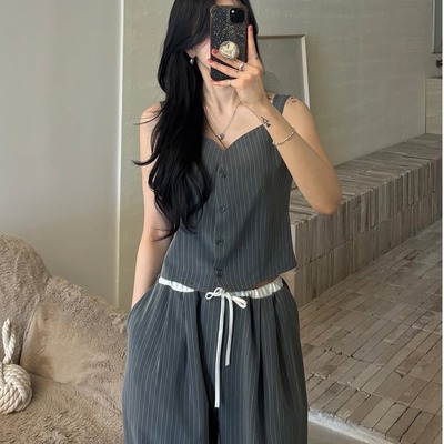 韩国条纹西装背心吊带休闲裤套装