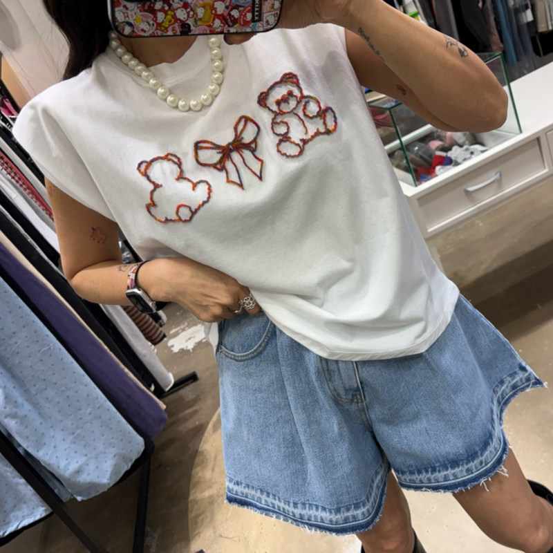 韩国东大门时尚减龄可爱小熊蝴蝶结刺绣圆领百搭休闲无袖T恤女潮