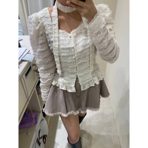 韩国木耳边蕾丝系带围脖方领衬衫