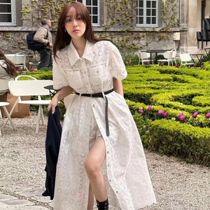 韩国东大门法式高级感蕾丝刺绣镂空中长款衬衫连衣裙+短裤套装女