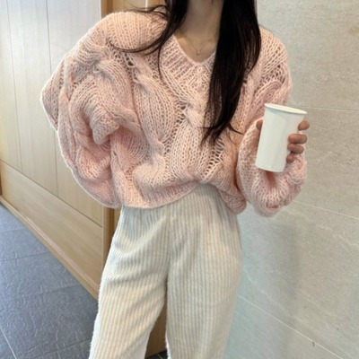 韩国V领镂空麻花毛衣针织衫