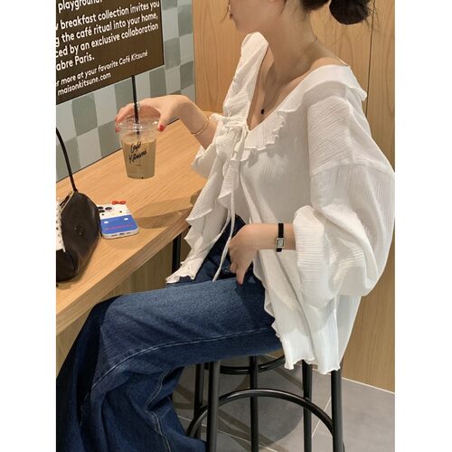 韩国甜美V领荷叶边白色衬衫