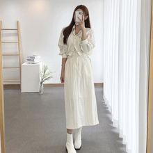 韩国东大门法式设计感泡泡袖收腰抽绳短款风衣外套女+半身裙套装
