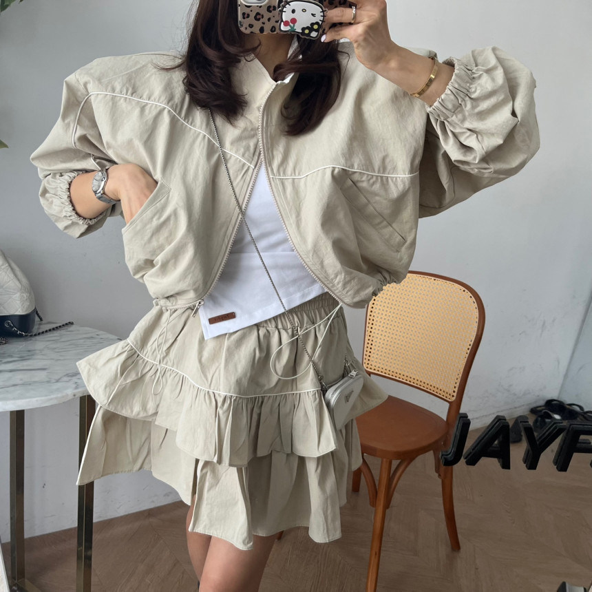 韩国宽松拉链风衣外套半身裙套装