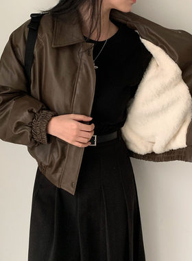 韩国东大门高级感帅气翻领拉链长袖宽松百搭加绒短款皮衣外套女