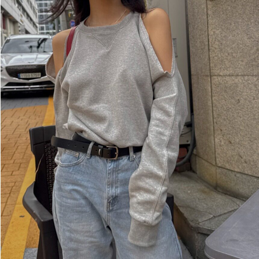韩国圆领宽松露肩套头卫衣女