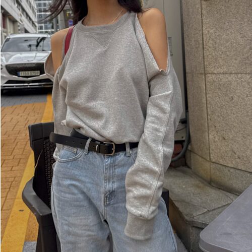 韩国圆领宽松露肩套头卫衣女