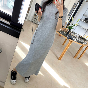韩国东大门懒惰风纯色宽松显瘦中长款打底裙修身短袖针织连衣裙女