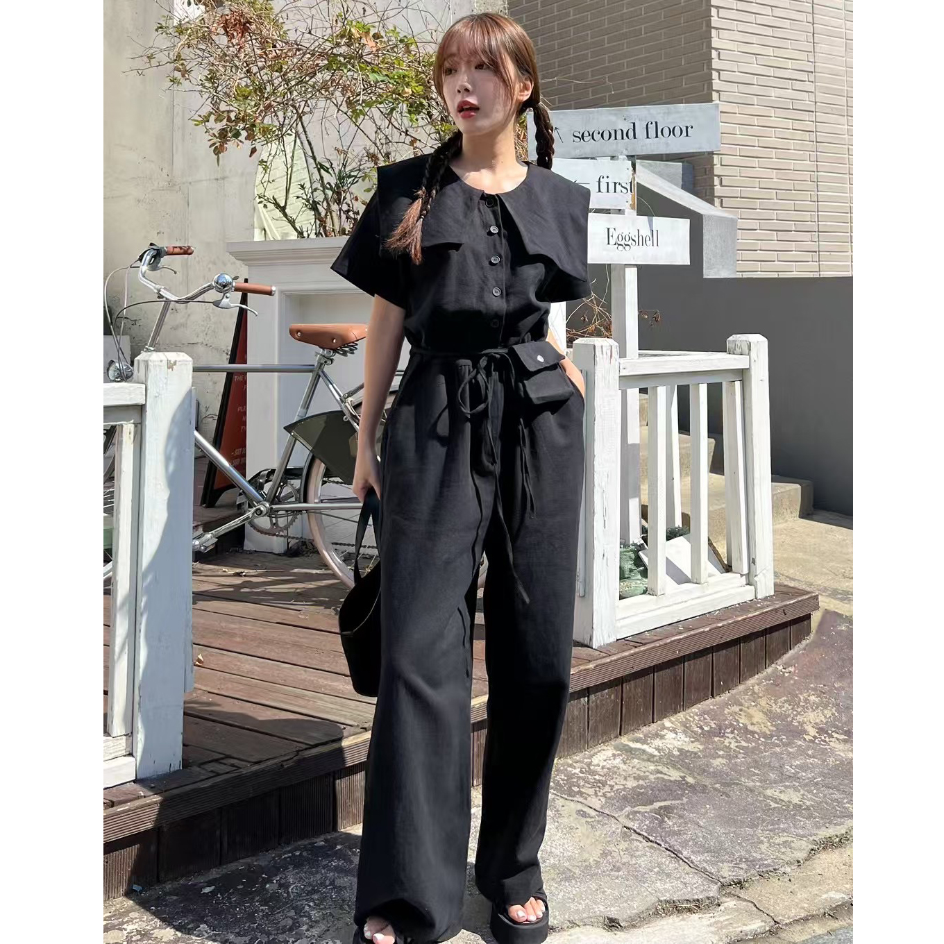 韩国海军领短袖收腰抽绳连体裤女