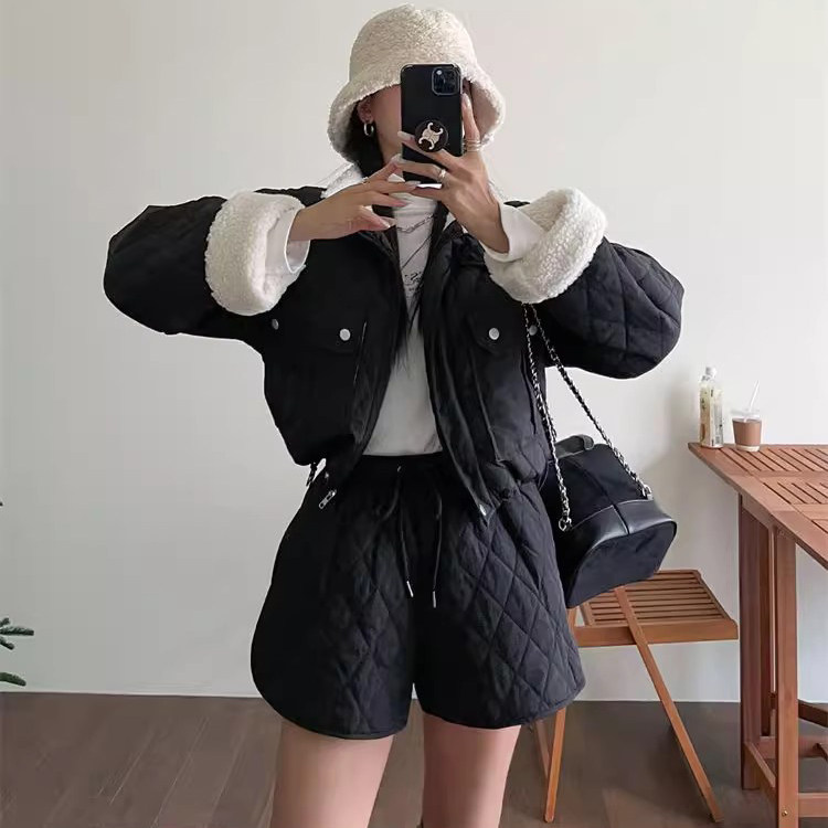 韩国东大门羊羔绒夹棉保暖短款棉服外套女夹克+菱格纹棉裤两件套