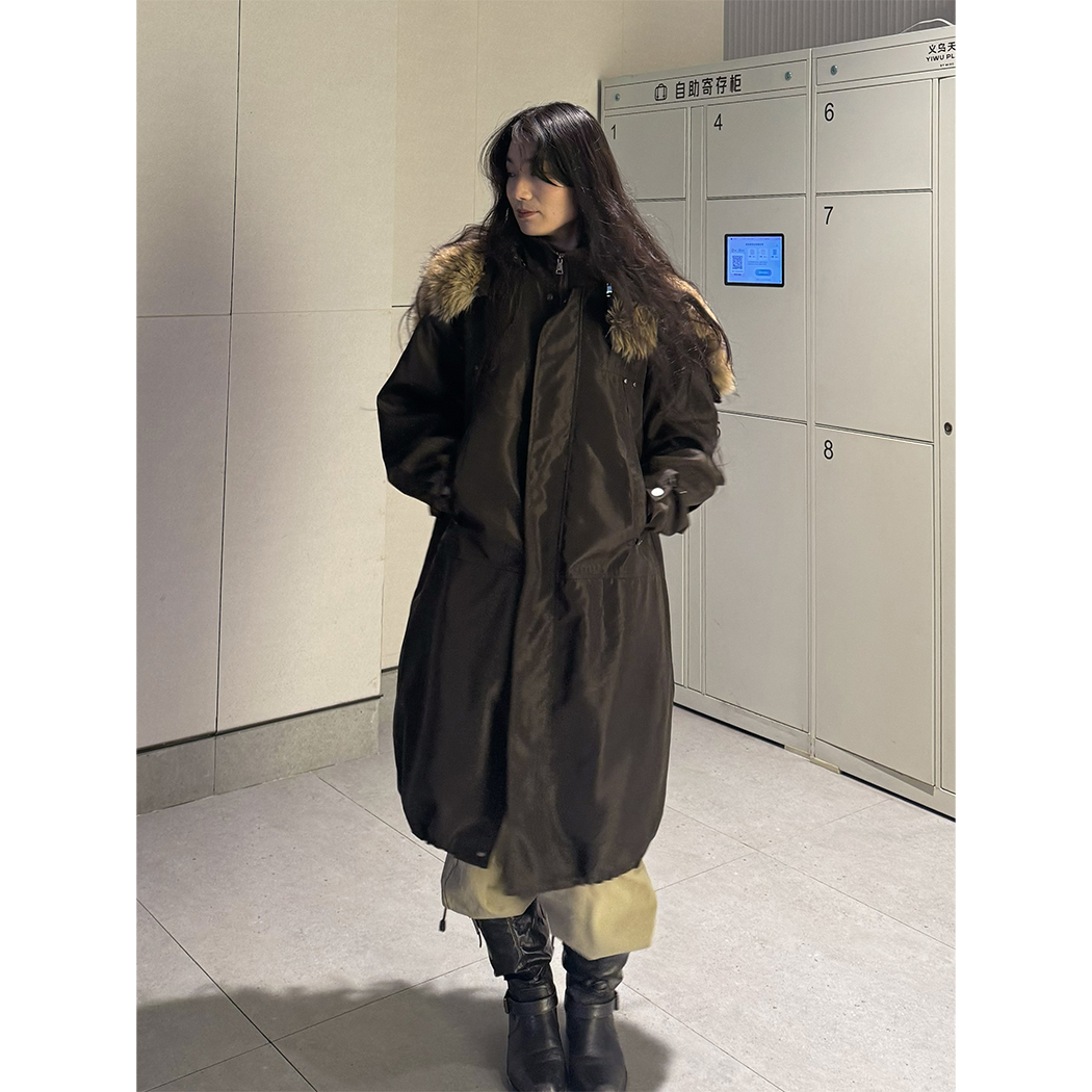 九伍公园 秋冬咖色宽松廓形两件套风衣蝴蝶结毛领棉服帅气风衣