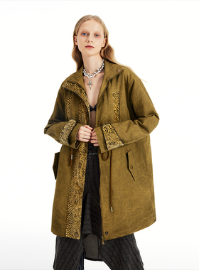 【九伍公园】23AW原创设计复古姜黄色拼接工装抽绳棉服大衣棉外套