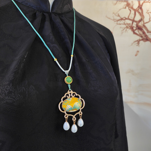 中国风宋锦铜钱如意项链挂件双面新中式 旗袍配饰搭配亮珠吊坠挂件