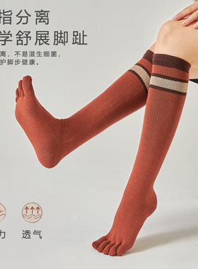女士五指袜高筒压力瑜伽运动瘦腿纯棉小腿袜普拉提及膝分趾长袜子