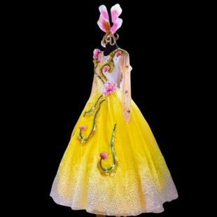 金舞潮演出服花开中国绿色亮片开场伴舞大摆裙茉莉花舞蹈伴舞服装