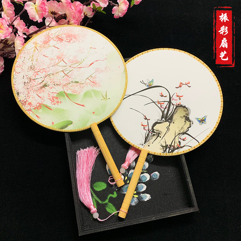复古印花21cm团扇古风扇子中国风古装舞蹈扇宫廷汉服24cm双面圆扇_虎窝淘