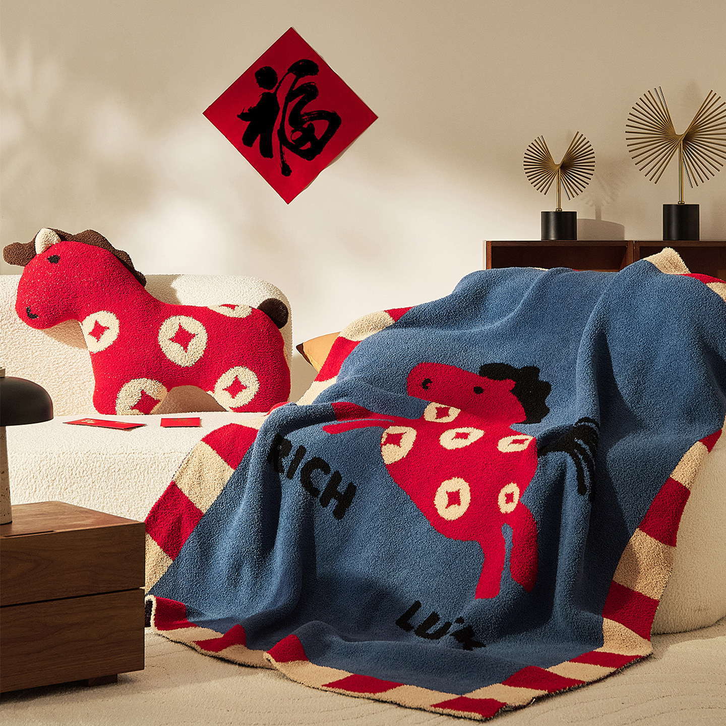 新款2026年马年喜庆毛毯沙发毯加厚针织半边绒客厅办公室午休毯子