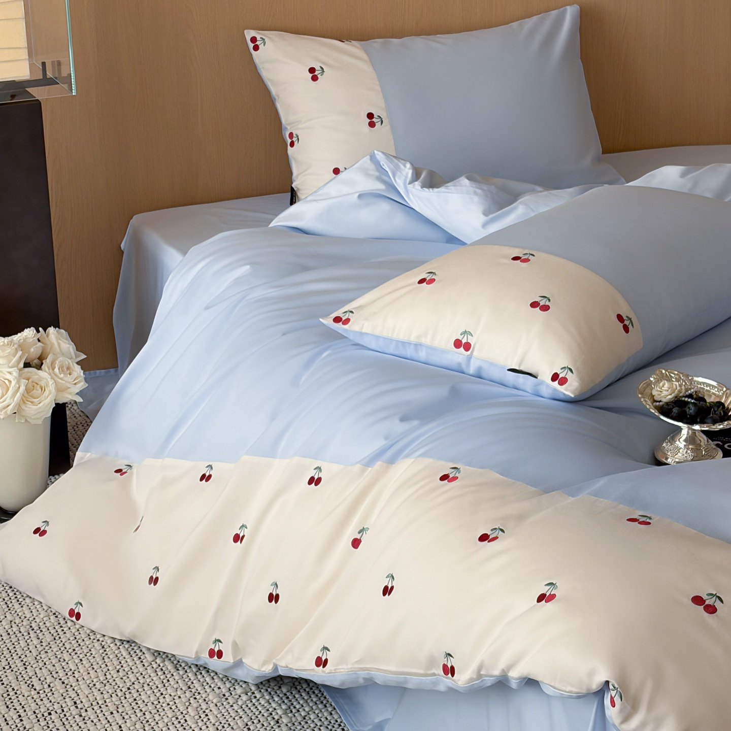 新款60支全棉蓝色樱桃刺绣四件套纯棉床上用品粉色甜美风床单被套,床上用品,床品套件/四件套/多件套,淘宝优惠券,粉丝福利购,淘宝优惠卷