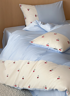 新款60支全棉蓝色樱桃刺绣四件套纯棉床上用品粉色甜美风床单被套