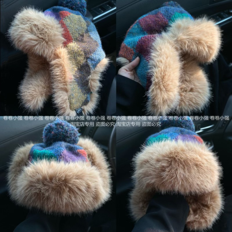 韩版新款格子针织帽子女冬季加厚加毛绒护耳帽东北防寒保暖雷锋帽