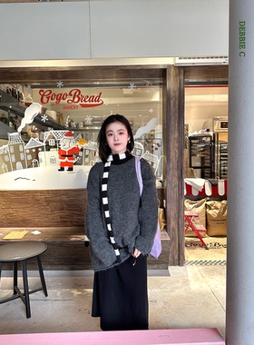 DEBBIE C 一月旷野 高级羊毛灰色复古慵懒圆领针织衫毛衣套头宽松