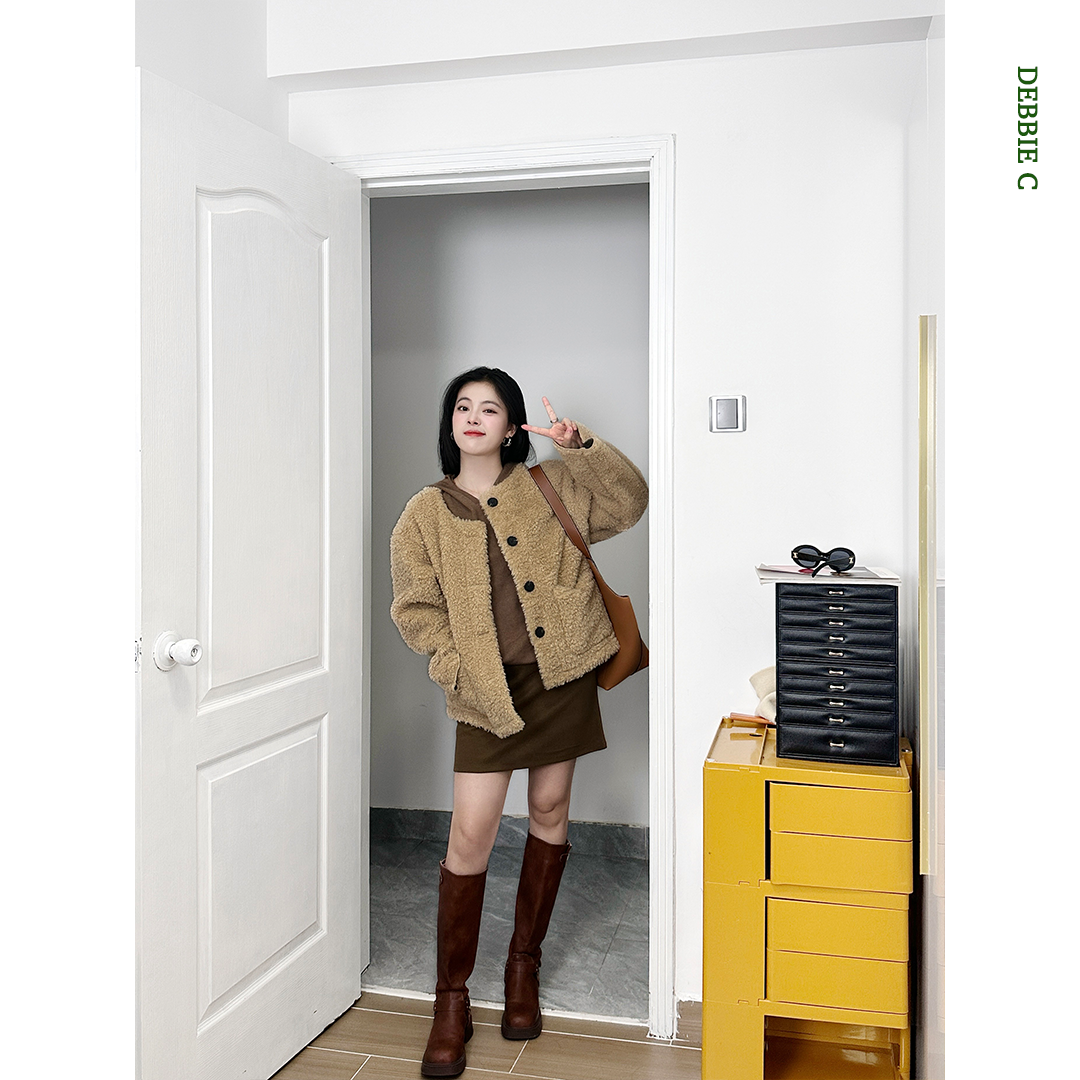 DEBBIE C 奶茶毛卷 韩系慵懒风宽松羊羔毛外套羊毛外套保暖上衣女