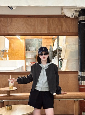 DEBBIE C 热拿铁 酷飒高级感灰色毛呢棒球服宽松夹克百搭短款外套