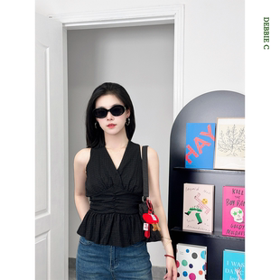 高级气质V领无袖 黑面公主 吊带设抽褶收腰显瘦上衣背心 DEBBIE