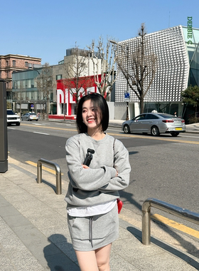 DEBBIE C ins慵懒风休闲宽松百搭长袖卫衣+内衬短裙女灰色套装女