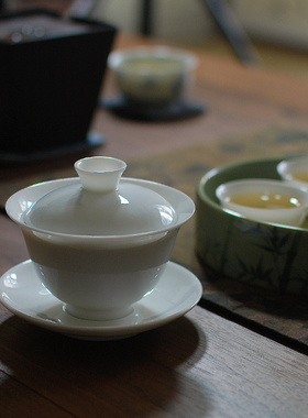 喜悦茶铺 潮州单丛手工薄胎三才盖碗白玉工夫茶碗陶瓷茶具盖瓯