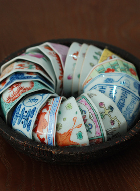 喜悦茶铺 陶瓷青花粉彩八方杯品茗杯中式仿古手绘主人杯工夫茶盏