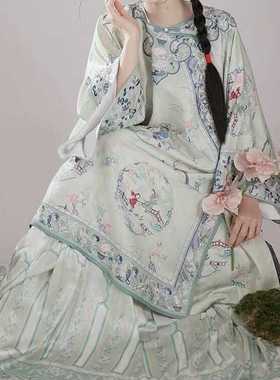 清代晋商少奶奶服装复刻古董衣晚清汉女装国风印花氅衣百褶裙套装