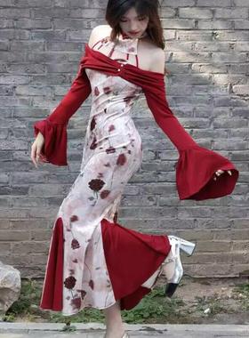 新中式改良旗袍连衣裙秋冬设计感小众一字肩鱼尾裙女人味约会礼服