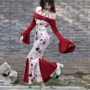 新中式改良旗袍连衣裙秋冬设计感小众一字肩鱼尾裙女人味约会礼服