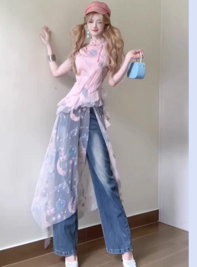 星月女神新中式重工刺绣亮片蕾丝网纱拼接时尚连衣裙设计感小众夏