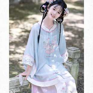 清风芙蕖新中式 改良汉服日常荷花印花圆领衫 马面裙全套清汉女套装