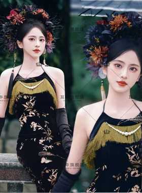 新中式改良旗袍日常2024夏季新款国风丝绒印花流苏挂脖吊带连衣裙