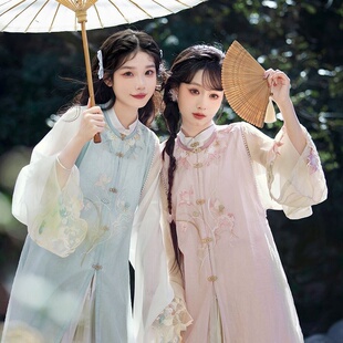 明制汉服女 芙蕖 刺绣圆领改良长比甲对襟立领长衫一片式褶裙春夏