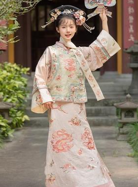 清朝格格服装清汉女晚清宫廷风满族旗袍印花马甲氅衣旗袍国风套装