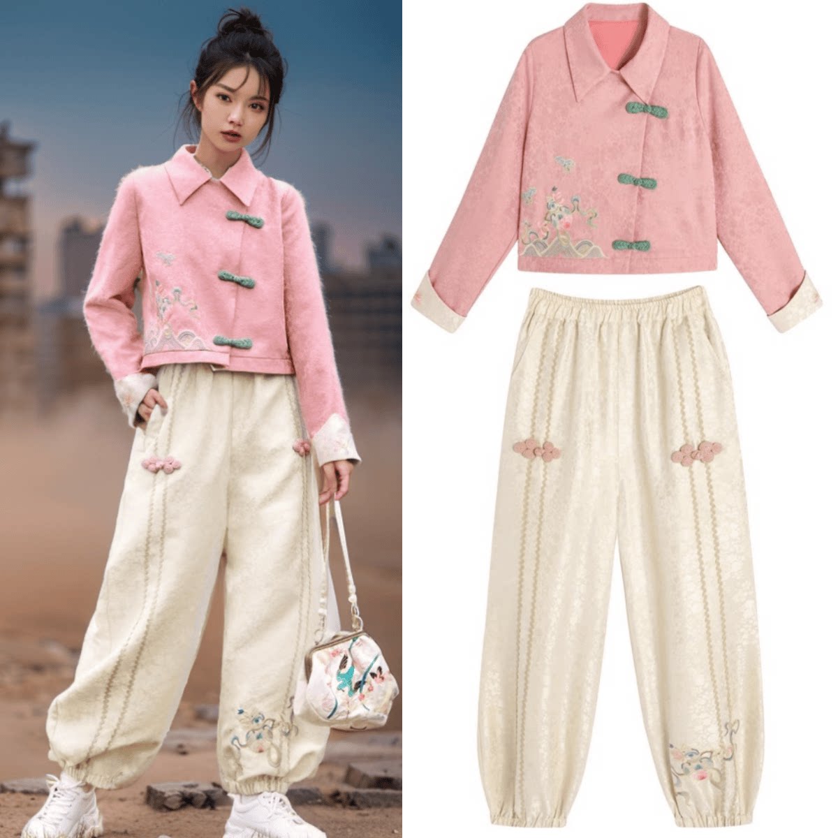 新中式国风民族风时尚套装女春秋宽松洋气减龄刺绣外套裤子两件装