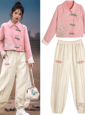 新中式国风民族风时尚套装女春秋宽松洋气减龄刺绣外套裤子两件装