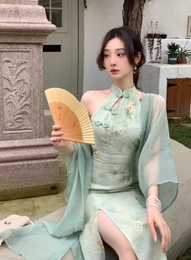 新中式国风气质纯欲禅意挂脖收腰显瘦修身粉色改良旗袍外披连衣裙