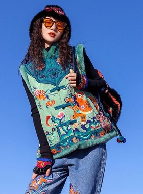 加厚夹棉马甲女秋冬高级感仿兔毛民族风刺绣中式盘扣马夹外套国风