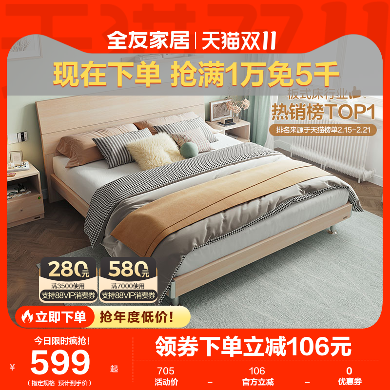 全友家居单人板式床双人床架1.5m现代简约主卧室家具大床106302怎么看?