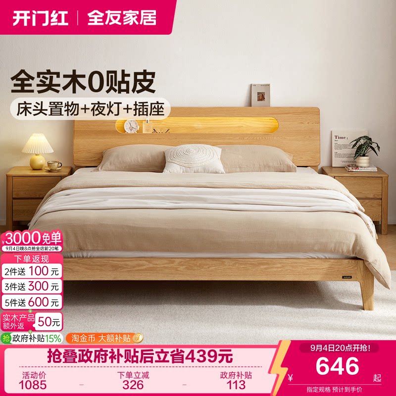 全友家居北欧原木风实木床图片