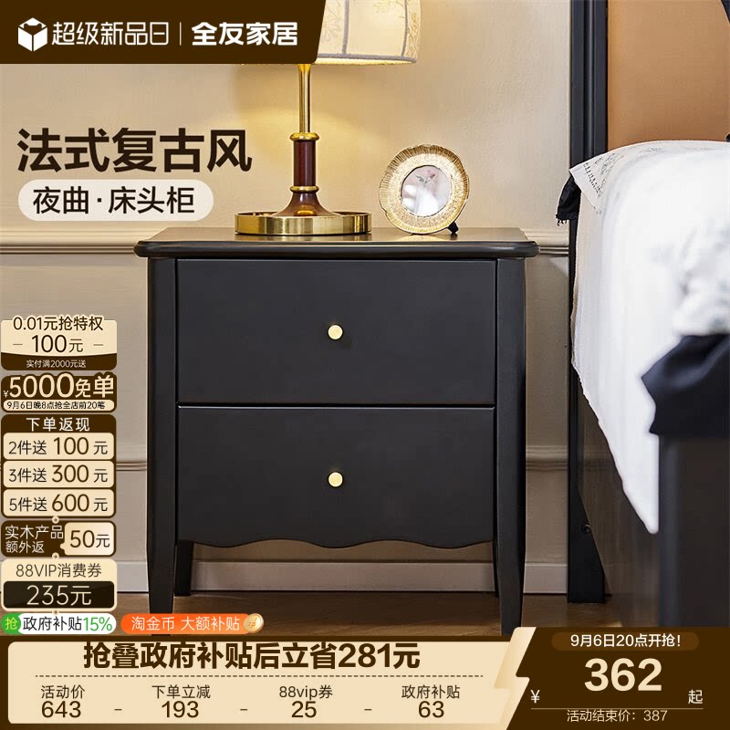 全友家居复古风简约橡胶木床头柜图片