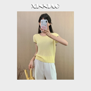 百搭上衣 软糯亲肤 XINNIAO天丝亚麻拼色针织衫 小T恤撞色小飞袖