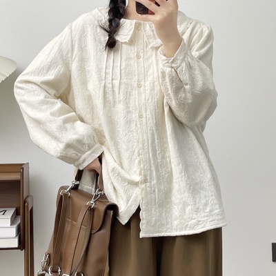 秋冬新款森女系娃娃领花边纯棉长袖加绒衬衫全刺绣提花内搭上衣