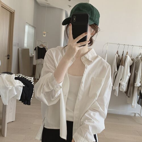 2025新款棉质衬衫女宽松显瘦前短后长简约小众设计感开叉上衣